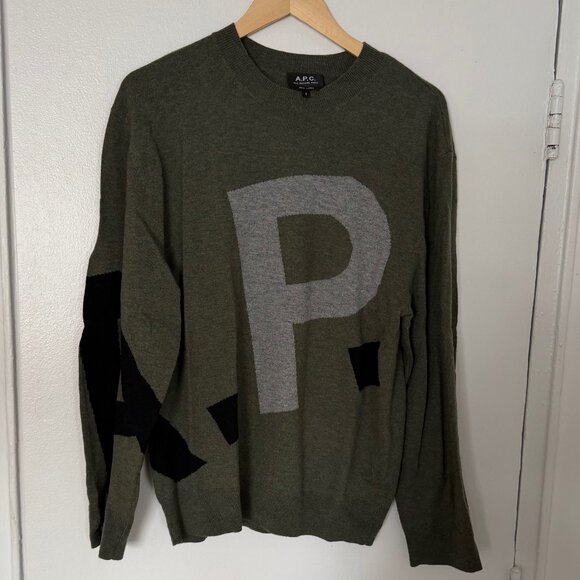 A.P.C. WOOL LOGO SWEATER IN KHAKI SIZE SMALL - Picture 4 of 7